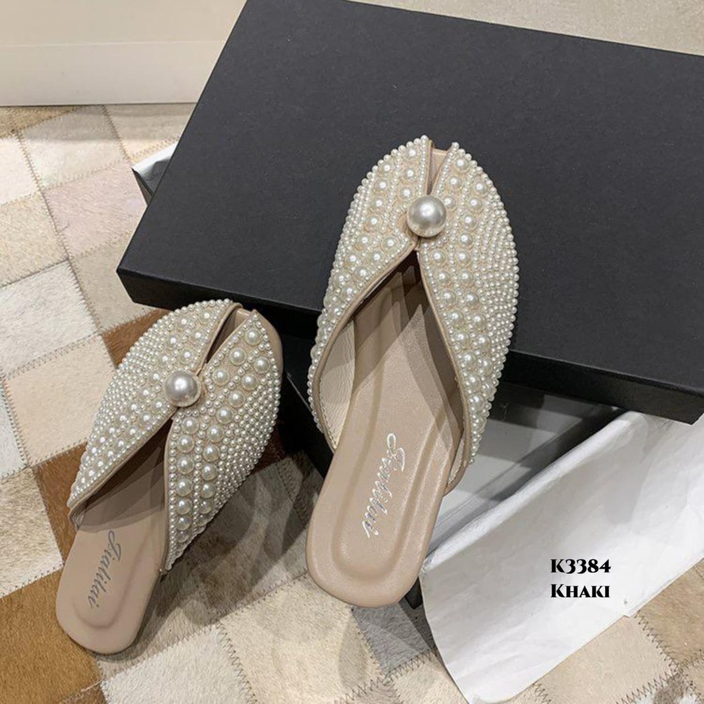 RESTOCK WYN  FLAT SLIPPERS FADDISH FULL PEARL DECOR K3384