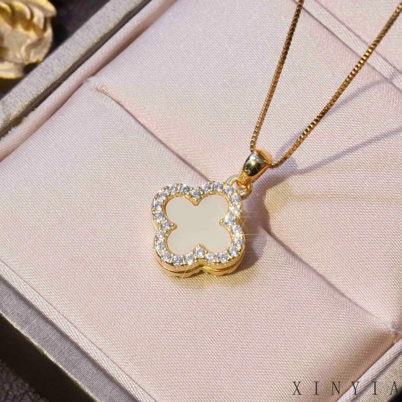 18K Kalung Titanium Anti Karat Rantai Kalung Rantai Liontin Daun Clover Hias Zircon Aksesoris Wanita