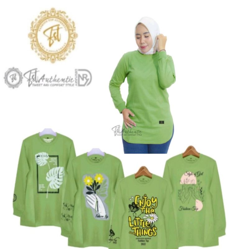 Baju Atasan Wanita Terbaru 100% ORIGINAL / Kaos Wanita Lengan Panjang Dinarry Warna Hijau Avocado / 
