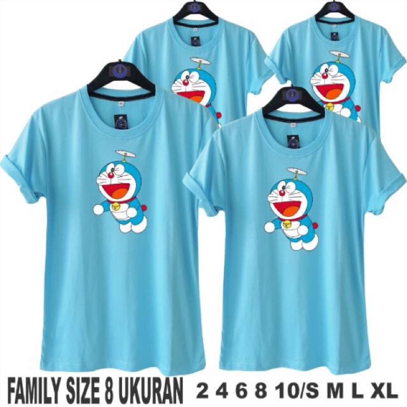 Family Doraemon Terbang Biru Muda / Kaos couple pasangan / kaos couple keluarga / kaos distro