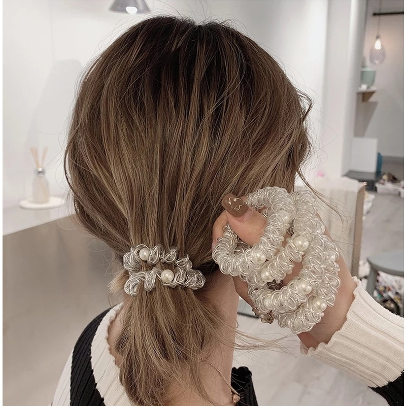 [Women Gold Silver Elastic Plastic Hair Ring][Telephone Cord Twist Pearl Headwear][ Popular Rubber Hair Rings][Daily Basic Hair Accessories ]