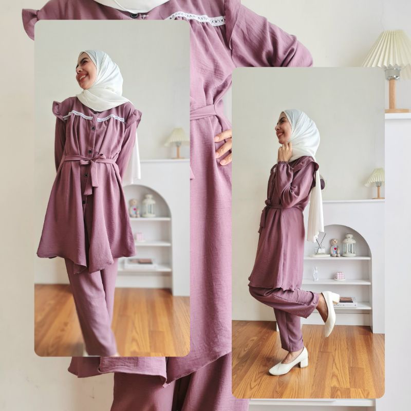 Set Celana Crinkle Renda Tali Pinggang