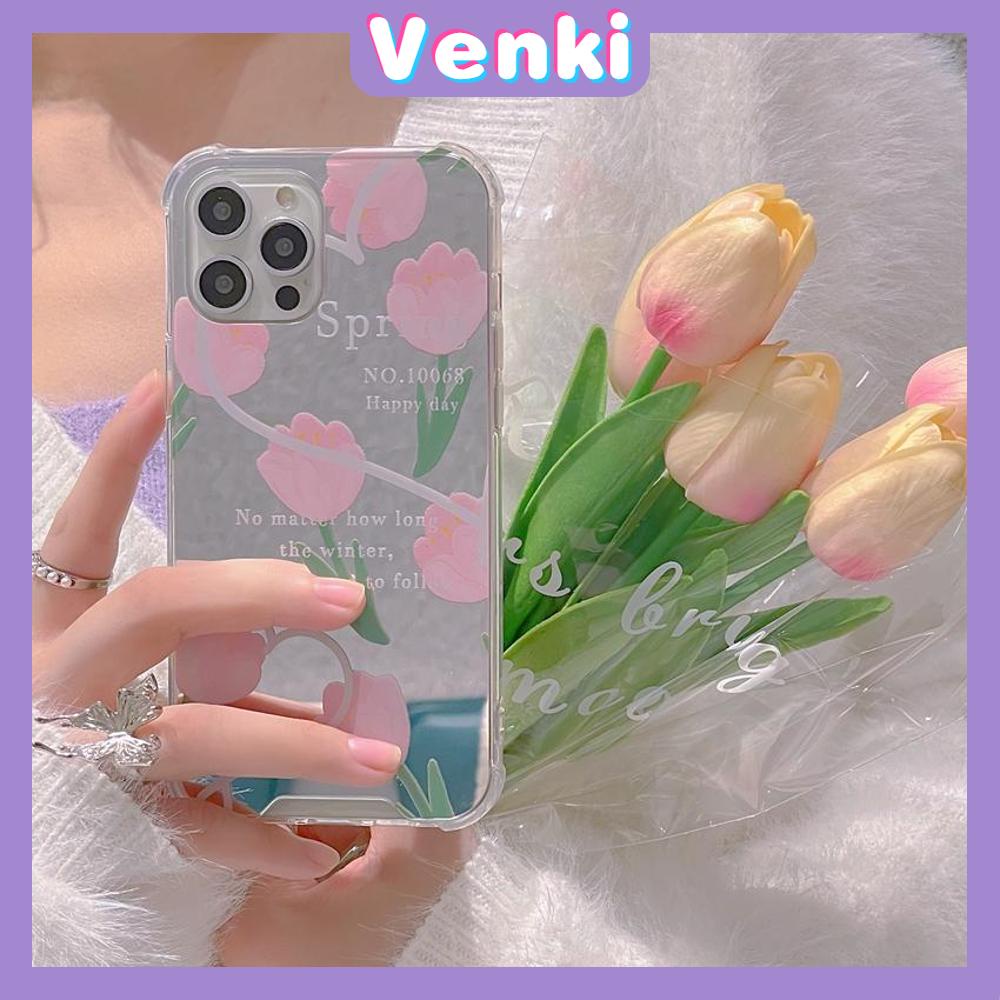 iPhone Case Acrylic Reflective Mirror Airbag Shockproof Protection Camera Pink Tulip Flower Compatible with iPhone 11 iPhone 13 Pro Max iPhone 12 Pro Max iPhone 7 Plus iPhone xr