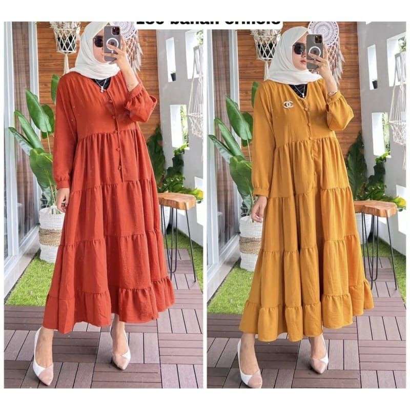 DRESS RAYON/ GAMIS RAYON/ GAMIS KANCING/ AHESA MAHESA MIDI DRESS RAYON POLOS SUSUN CANDA FULL KANCING