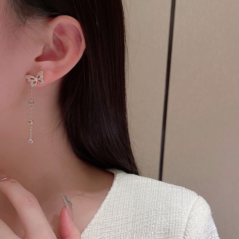 Anting Tusuk Gantung Panjang silver 925 Wanita Desain Kupu-Kupu Rumbai Full Berlian Mewah