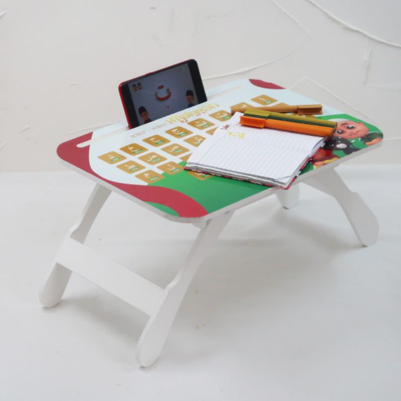 MEJA LIPAT + GADGED HOLDER  Custom Motif Cetak Nama Anak MEJA BELAJAR LIPAT KAYU WOODEN GIFT SOUVENI