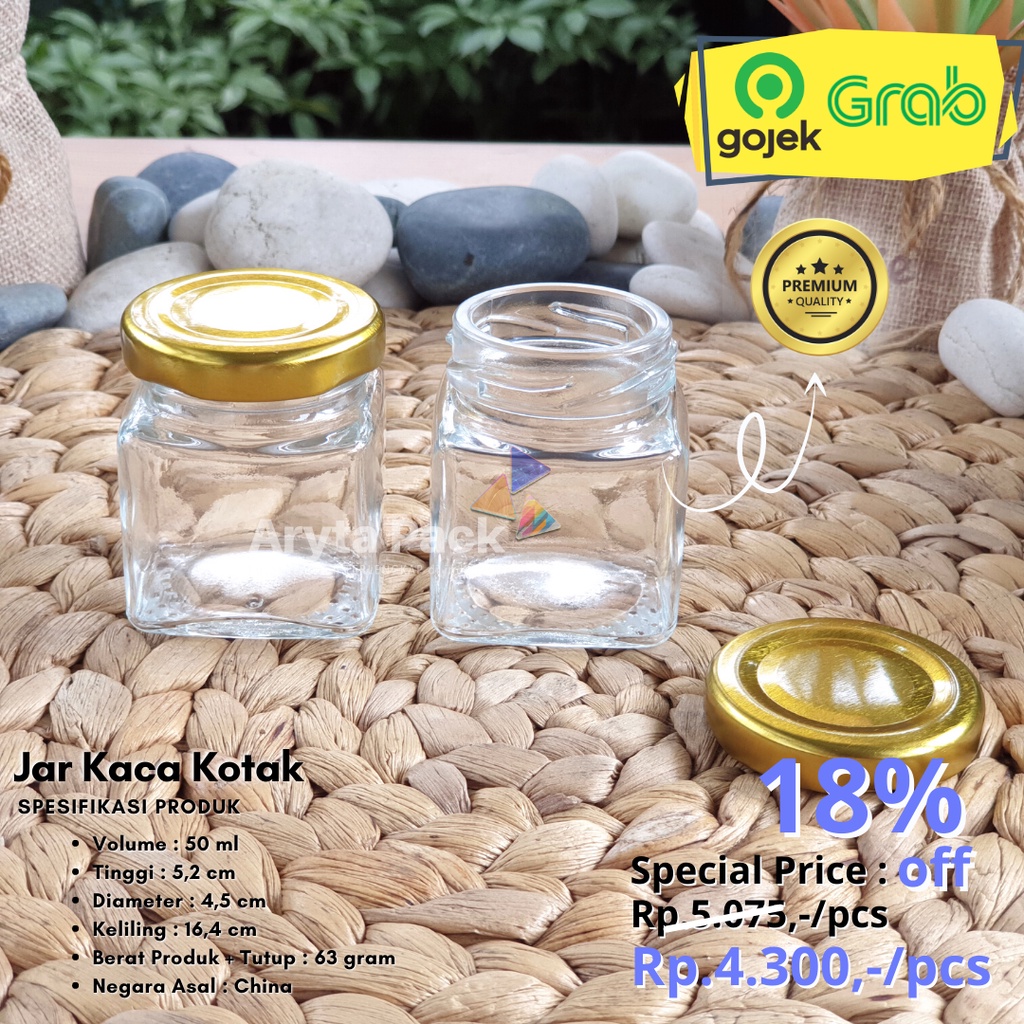 Jar kaca 50ml square kotak glass jar toples tutup kaleng emas - new
