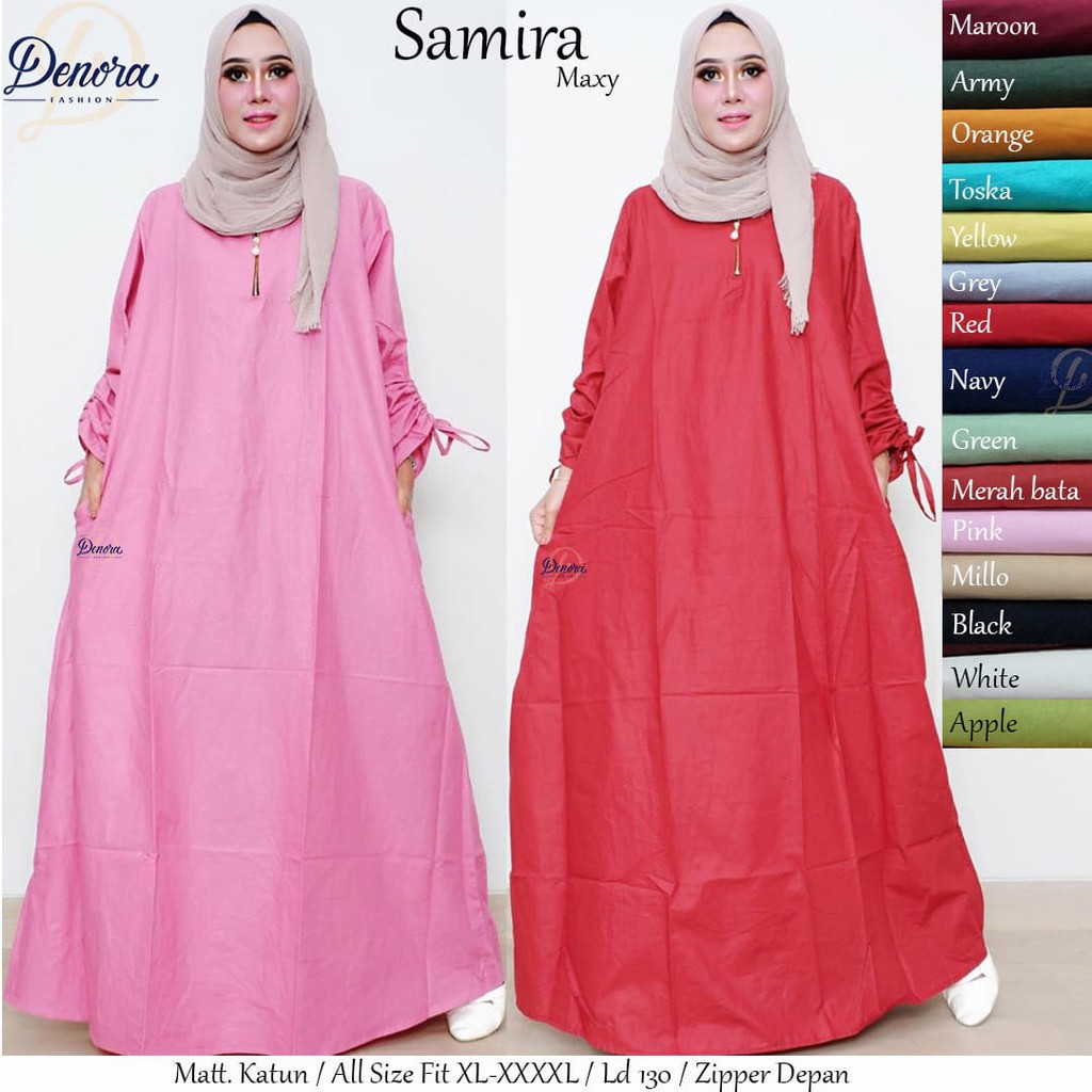 Baju Gamis Dress MAXI JUMBO LD 130 Katun Samira Lengan Serut Busui Friendly Fashion Muslim By Denora