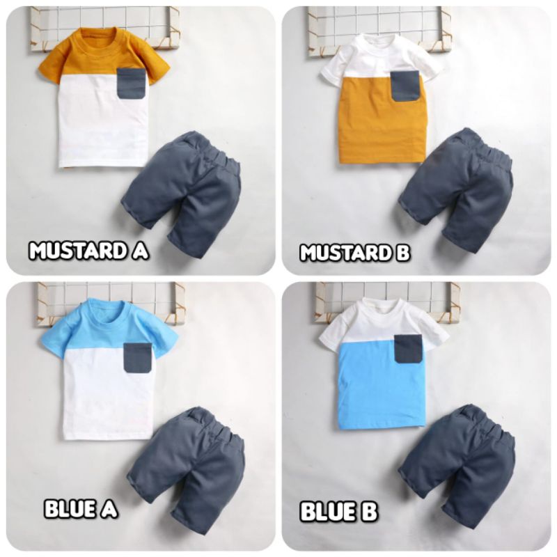 Setelan Baju Bayi Anak Laki-laki Usia 6 Bulan - 3 Tahun / Baju Setelan Kaos Celana Anak Laki-laki Motif Two Tone