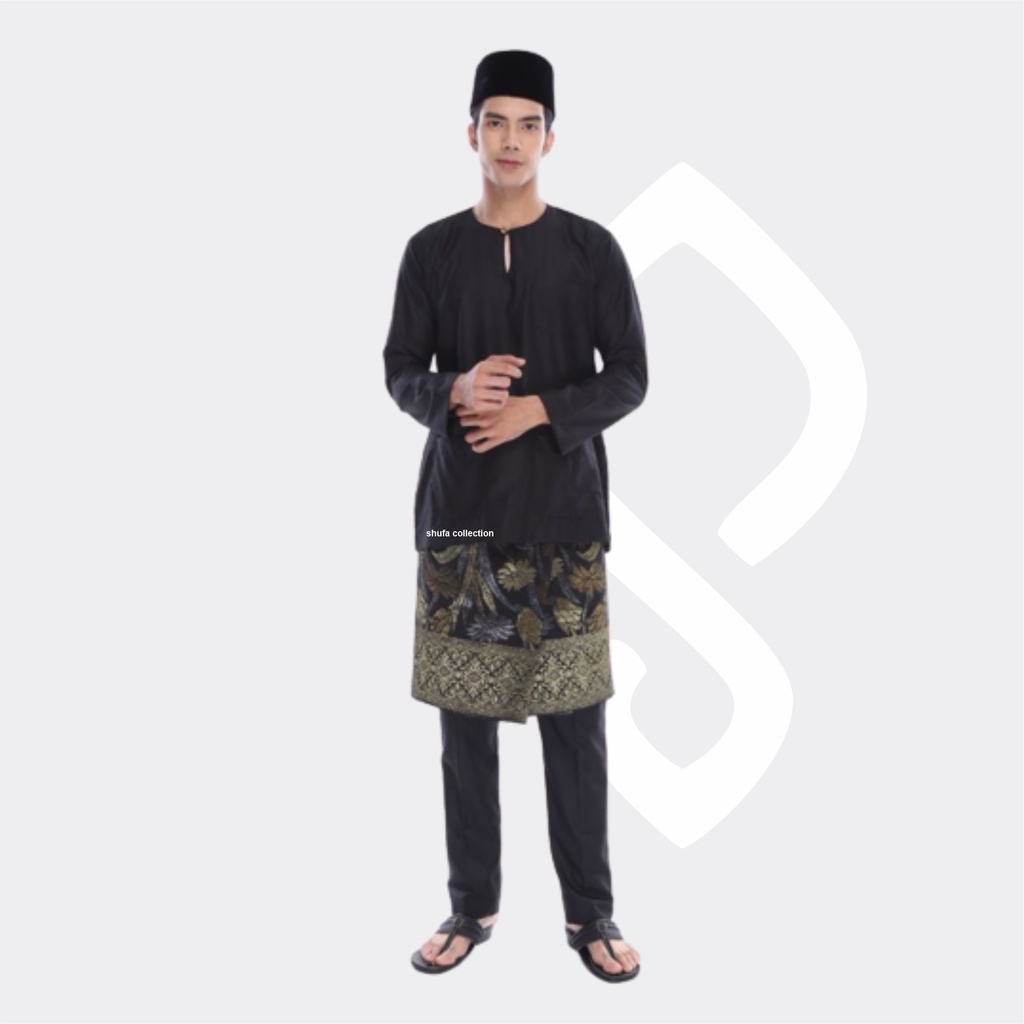 Baju Koko Pria Melayu Teluk Belanga Bahan Satin Setelan Muslim Kurung Cekak Musang Hitam