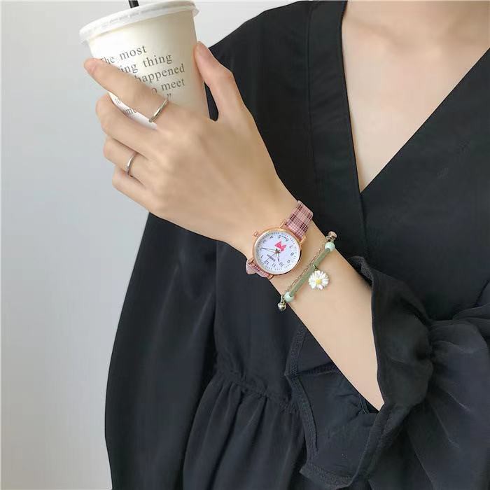 Jam Tangan Quartz Analog Wanita Strap Pu Kotak-Kotak Motif Pita Fashion Aksesoris Wanita Jam Analog