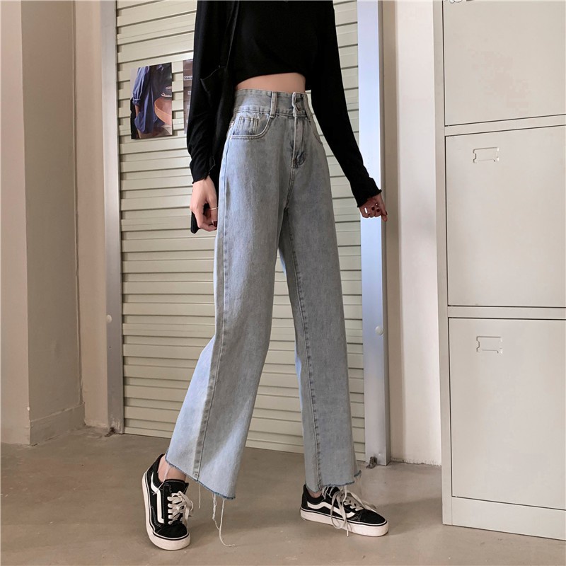 [chaoo.id]Celana Jeans Lurus Retro Korea Wanita Longgar Kaki Lebar Pinggang TinggiJeans pinggang tinggi longgar kasual berkaki lurus wanita celana