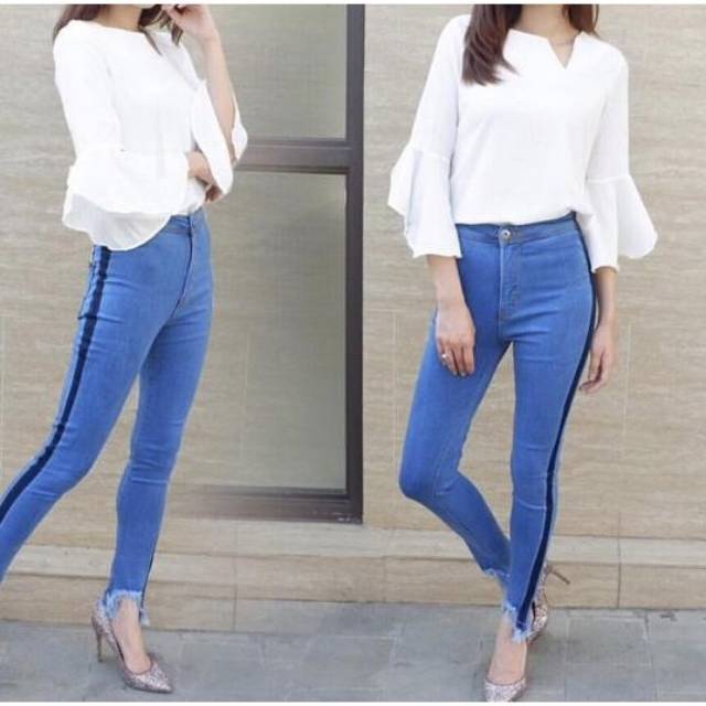 Celana jeans wanita jeans kolor skinny jeans street rawis strip