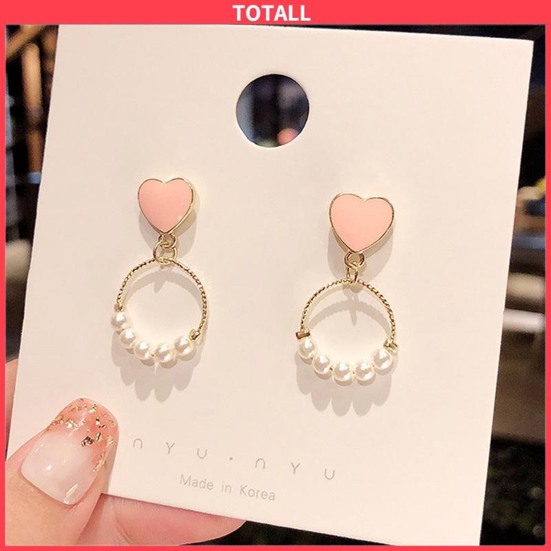 COD Anting-anting Geometris Lingkaran Kecil Manis Love Pearl Stud Earrings-Totall