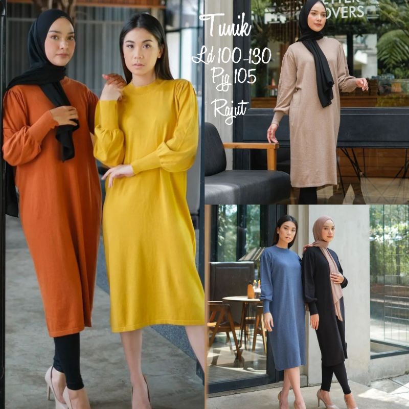 tunik polos panjang wanita dress sebetis rajut import