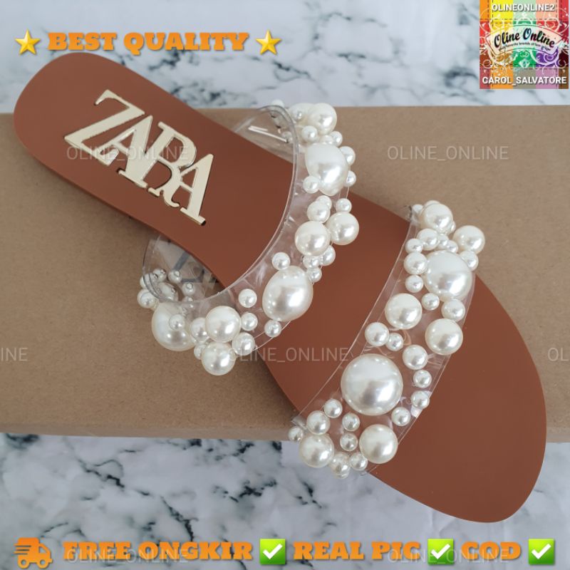 Sandal mutiara shiny pearls tali double dua tali tie transparan flat shoes SLIP on