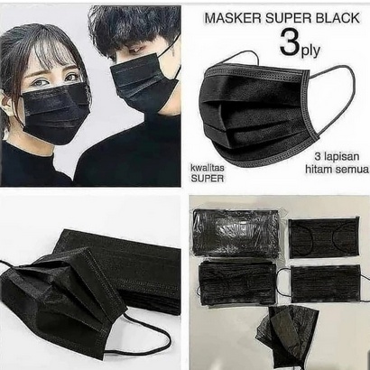 MASKER DISPOSABLE HITAM BLACK 3 PLY EARLOOP MASKER 3ply HITAM MURAH