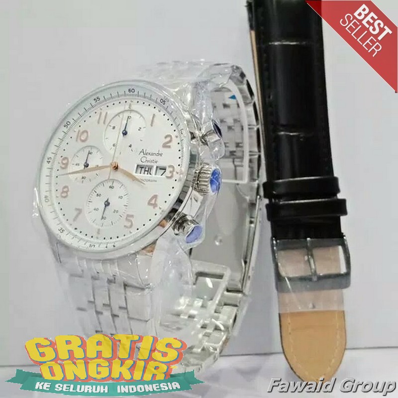 Best Seller Jam tangan Pria ALEXANDRE CHRISTIE AC 6492 PRIA SILVER WHITE DJARUM GOLD ORI