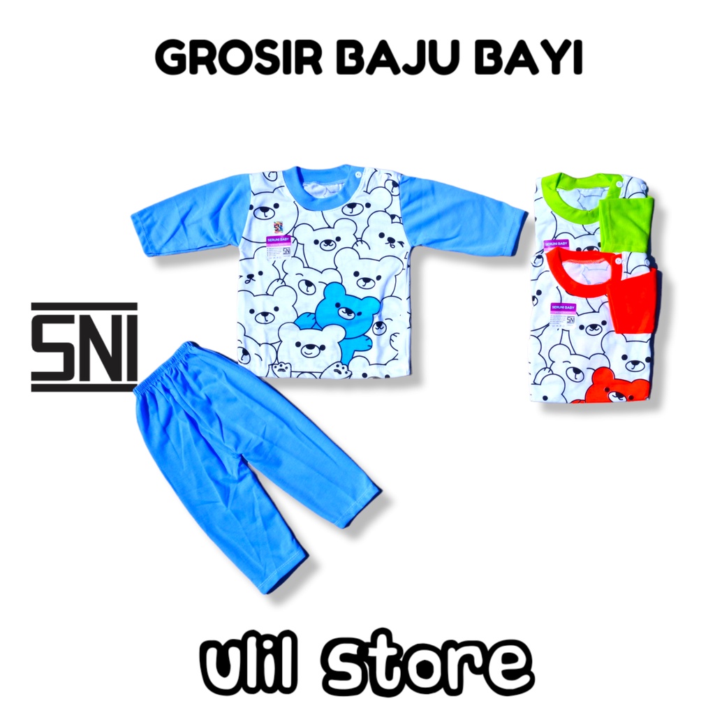 Setelan Baju Panjang SNI Kancing Pundak Seruni Baby Usia 3-15 Bulan Motif Doodle Bear