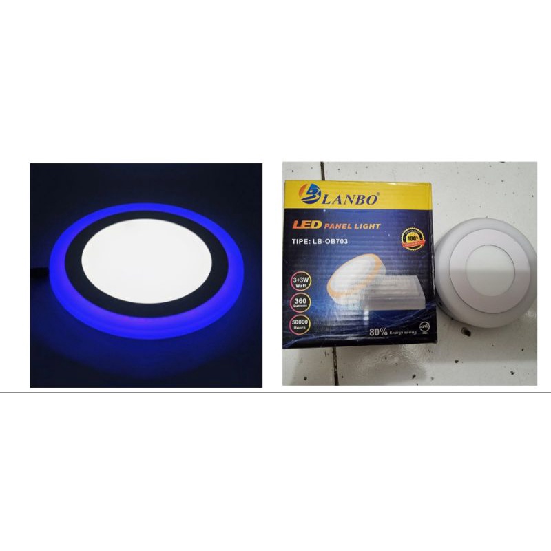 Led panel outbow OB Bulat 3+3 watt Putih+Biru. Downlight 2 warna 3w+3w tempel plavon