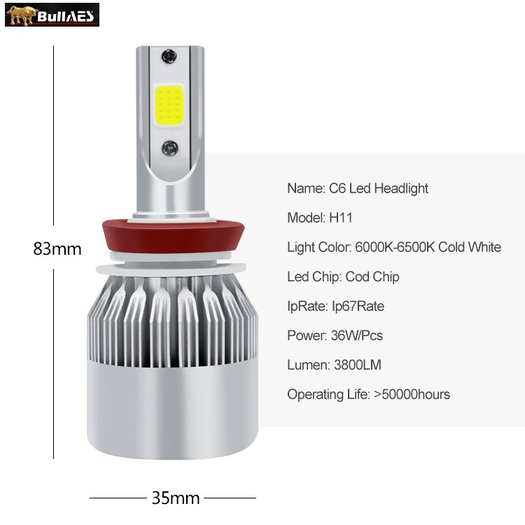 Lampu C6 LED 36 W COB Mobil Motor SOCKET H11 BERGARANSI