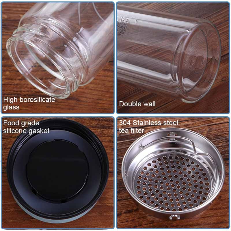 BORREY 300ML Durable Glass Water Bottle Double Wall Glass Tea Bottle With Tea Filter Infuser