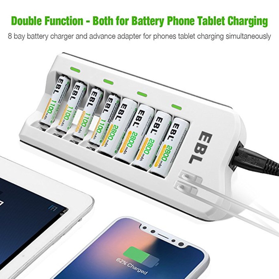 EBL Charger AA / AAA Ni-MH Rechargeable Ba with 8-Bay With 2 Usb Port