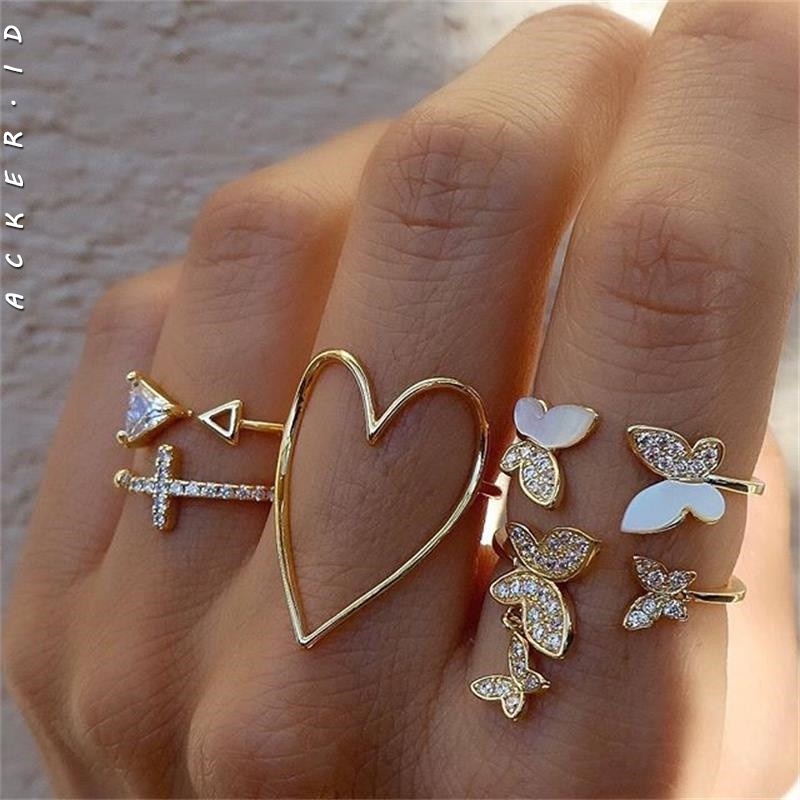 5pcs / Set Cincin Desain Kupu-Kupu Hati Segitiga Hollow Aksen Berlian Penuh Untuk Aksesoris Wanita Butterfly