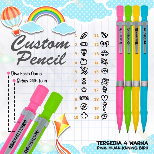 

TAURIELSTORE PENSIL MEKANIK CUSTOM (ISI TEBAL SAMA SEPERTI PENSIL BATANG KAYU JADI AMAN BUAT ANAK”)