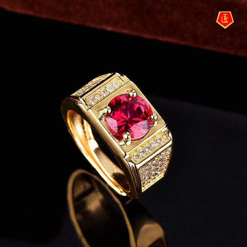 [Ready Stock]Domineering Men's Ring Inlaid Ruby 18K Gold