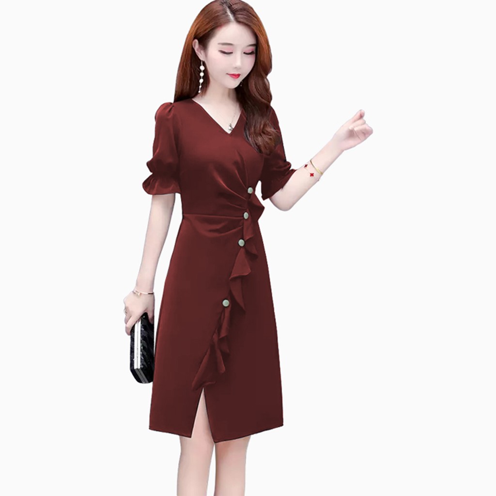 Midi Dress Lengan pendek Gaya korea model terbaru - XSHOP Mayasari