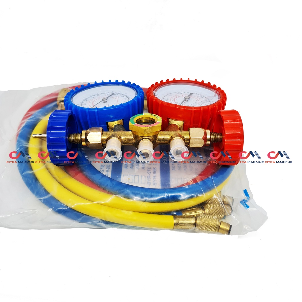 Manifold Double Gauge Set R22 Freon Refrigrant R 22 dobel high low bagus manifol selang merah biru Alat Ukur AC Kulkas