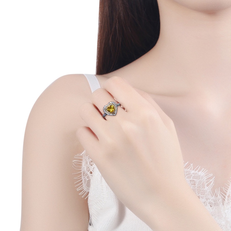 Cincin Lapis Ganda Bentuk Hati Aksen Batu Permata Kristal Zirkon Warna Kuning Untuk Pernikahan