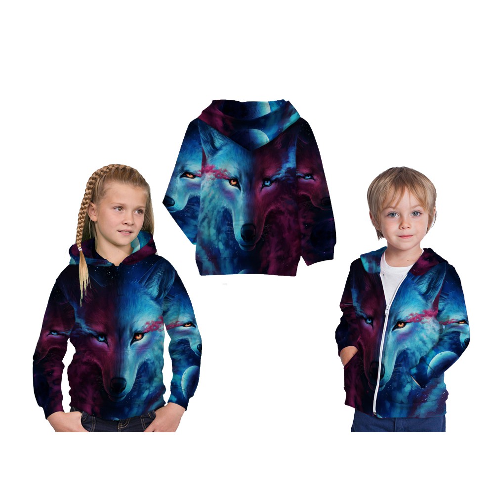 Jaket Hoodie Anak Design WOLF 3D FullPrint Art 1