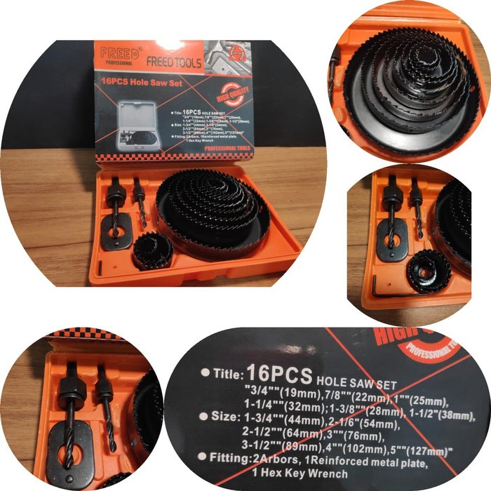 Mata Bor Kit Set FREED 16 Pcs Hole Saw Set Tools Pelobang Kayu