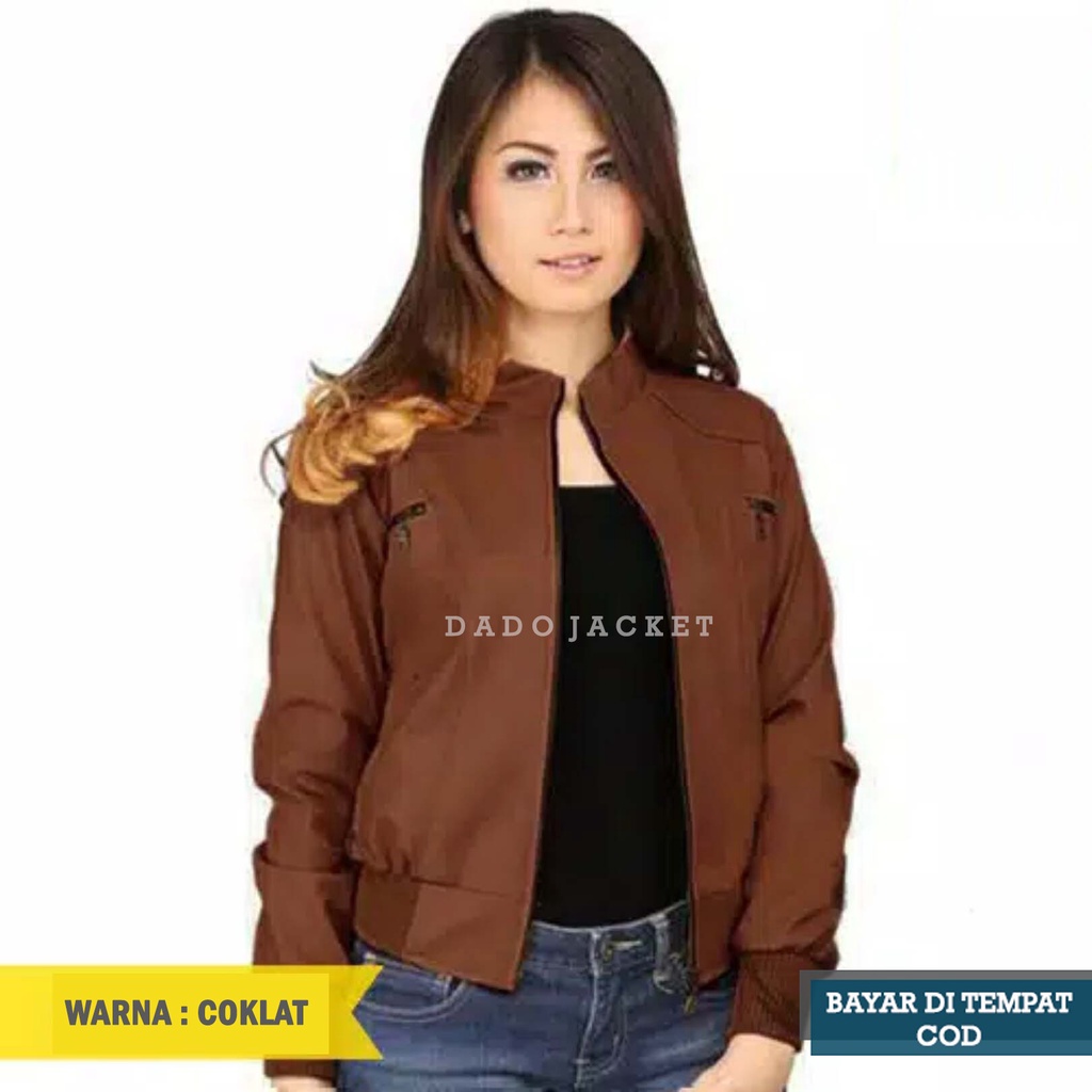 COD BAYAR DI TEMPAT - Jaket Wanita Semi Kulit Sintetis Kain PU Faux Synthetic Leather Sporty Branded