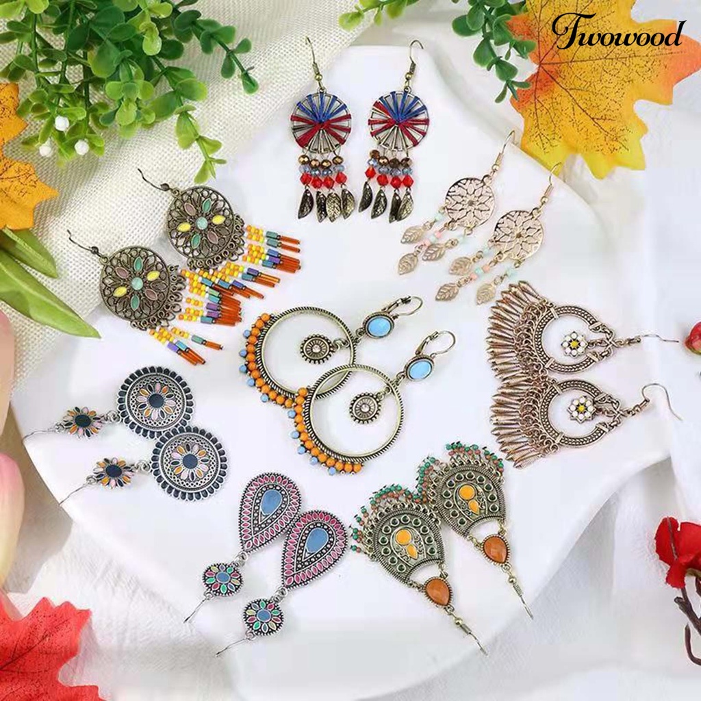 1 Pasang Anting Hook Model Hollow Aksen Manik-Manik Warna-Warni Gaya Bohemian Vintage Untuk Pesta