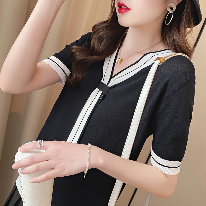 korean crop top lengan pendek v neck rajut wanita