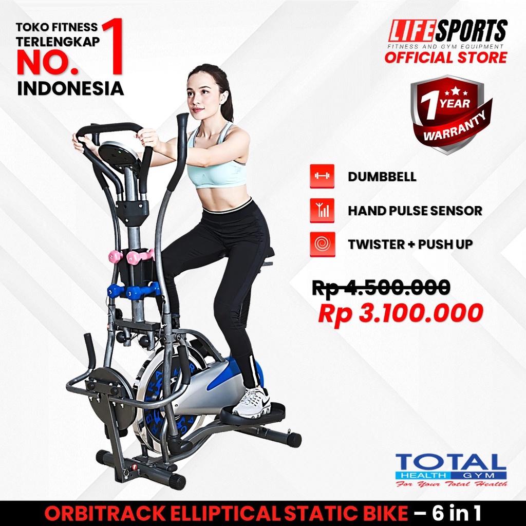 TOTAL HEALTH GYM - New Alat Olahraga Fitness Sport Gym 6 in 1 Sepeda Statis Elliptical Bike Total Static Orbitrack Plat Orbitrek