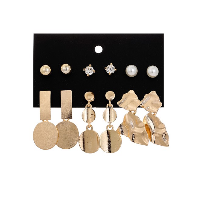 LRC Anting Set Fashion Gold Pearl Leaf Geometric Earring Set F88406