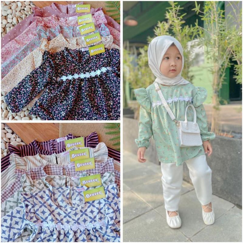 Pilih Motif Atasan Anak Perempuan | Blouse Anak Perempuan KINAN Bahan Mango Crinckle Kekinian | Atasan Lengan Panjang Anak Perempuan Lucu