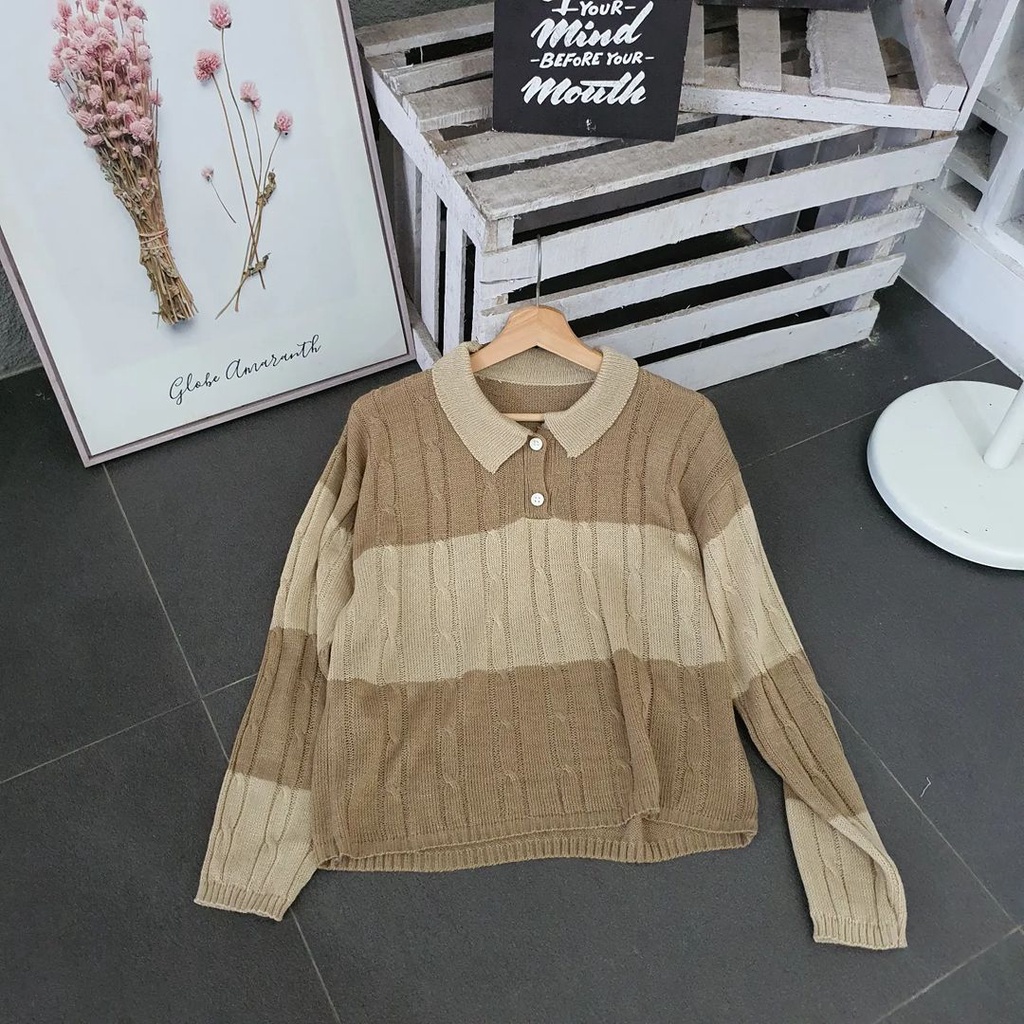 Sweater Collar Wanita Colla Cable Bahan Rajut Terbaru Ala Korean Style