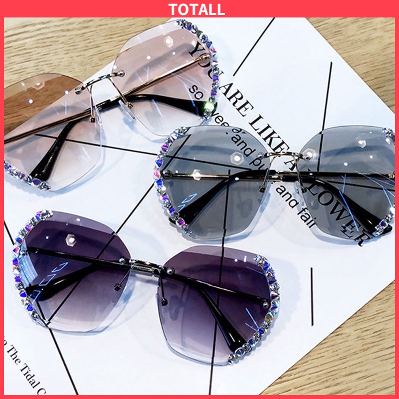 COD Kacamata Hitam Korean Gaya Square Frame Kacamata Wanita Berlian Tanpa Bingkai Kaca Mata Anti Uv400 Sunglasses totall