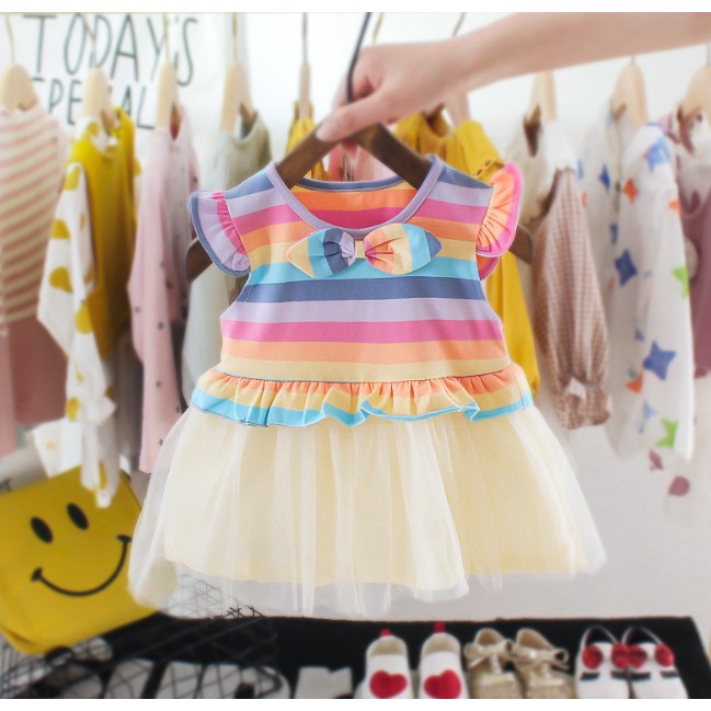 Juragan Junior [COD] Rainbow Baju Dress Tutu Anak Perempuan Lengan Bahan Katun Usia 1-3 Tahun