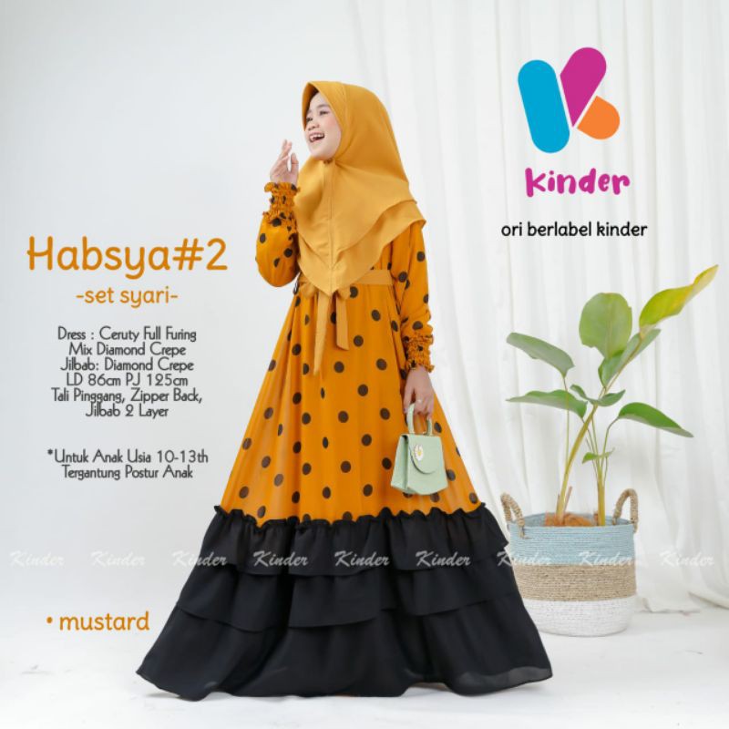 Habsa Setelan Gamis Syari Anak Perempuan Tanggung Umur 10-13 Tahun PLUS JILBAB Baju Set Polkadot