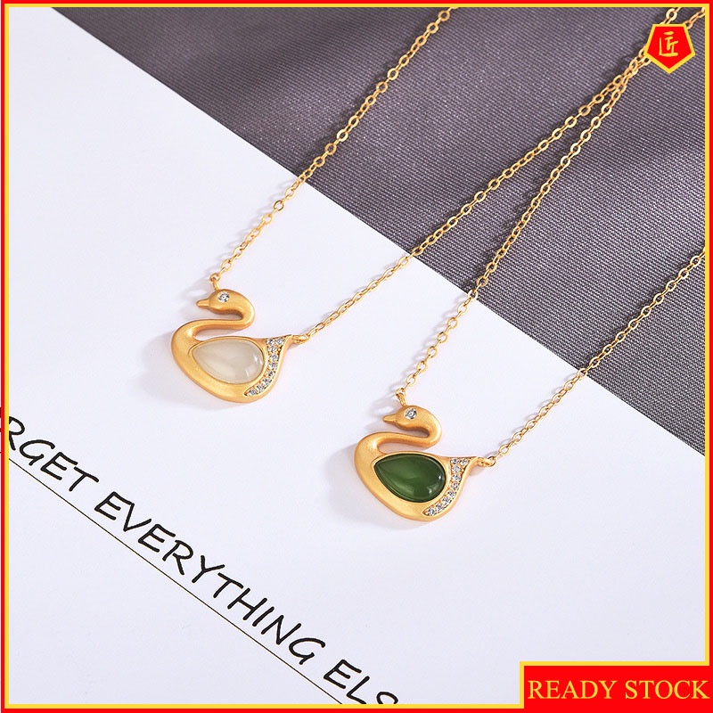 [Ready Stock]Swan-Shaped Hetian Jade Golden Pendant Necklace for Women Elegant All-Match