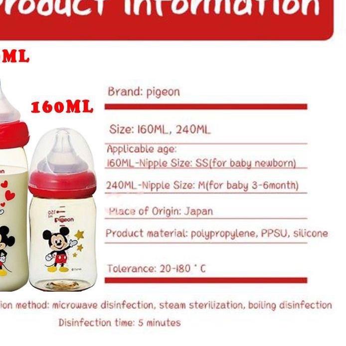 ♥ Pigeon Disney 160ml 240ml Botol Susu PPSU Wide Neck Mickey Minnie Pooh Snoopy ❂