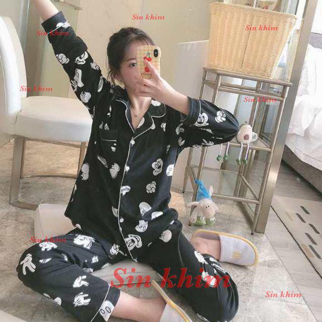 Baju Tidur Wanita / Cewek Piyama Import Bahan Kaos Tebal Aneka Motif All Size L Varian PP-Mickey black