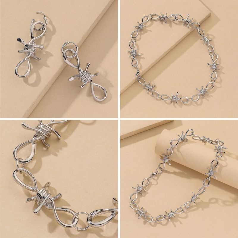 SIY  3Pcs Vintage Silver Punk Gothic Barbed Wire Brambles Chokers Necklace Bracelet Earrings Jewelry Set Men Women Jewerly