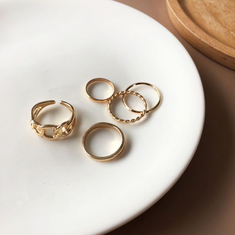 5pcs / Set Cincin Rantai Model Terbuka Bahan Logam Warna Emas Perak Gaya Vintage Untuk Wanita